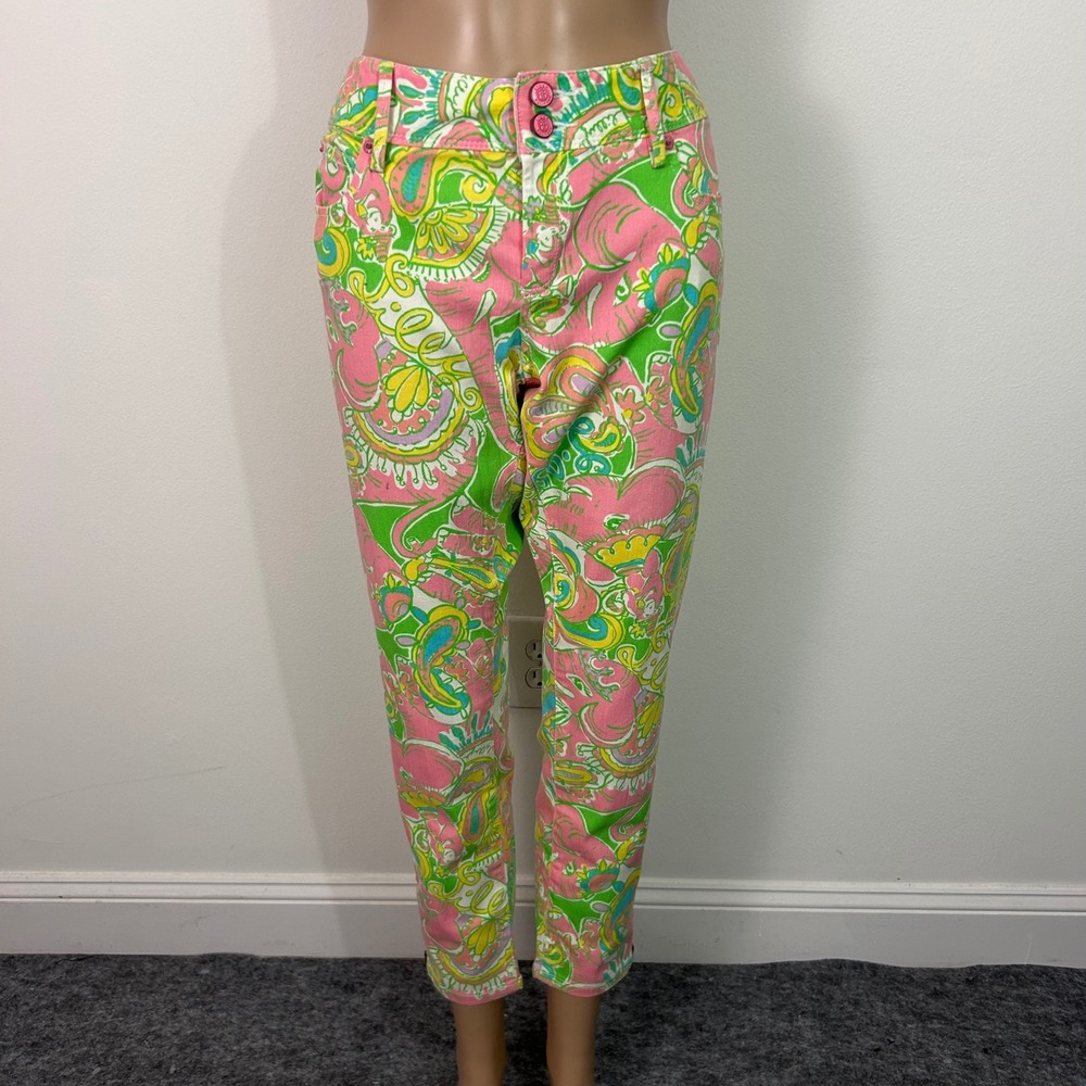 Lilly Pulitzer Denim Pants Size‎ 8 Pink Green Paisley Print Ankle Zip